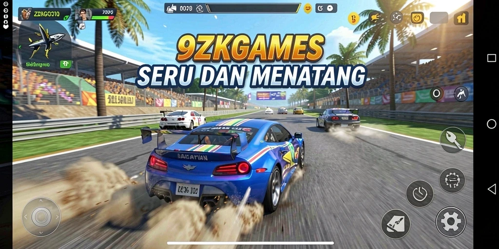 Screenshot gameplay 9ZKGAMES menunjukkan aksi balapan mendebarkan.