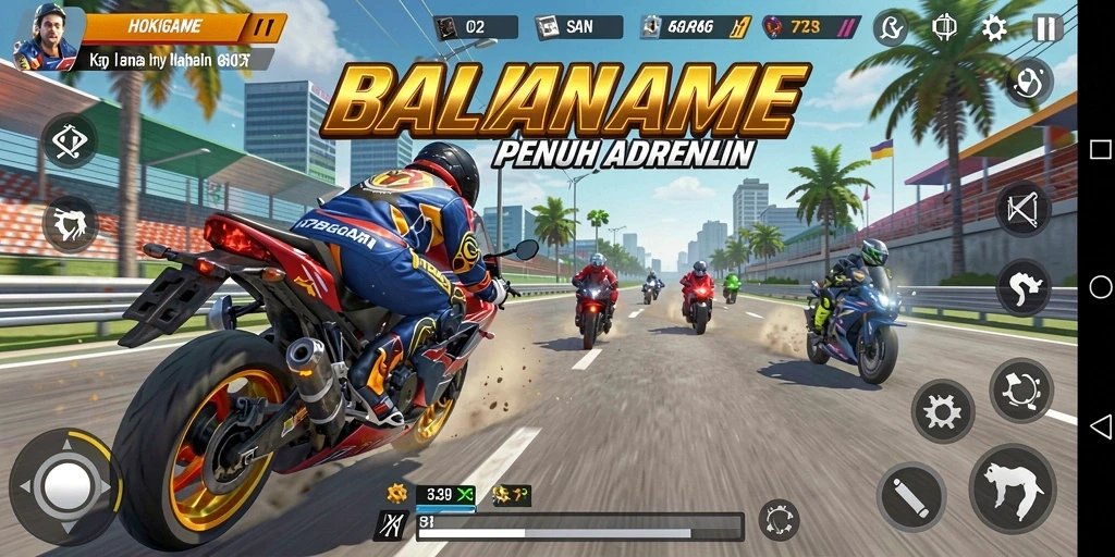 Tampilan gameplay balapan motor di HOKIGAME yang mendebarkan.